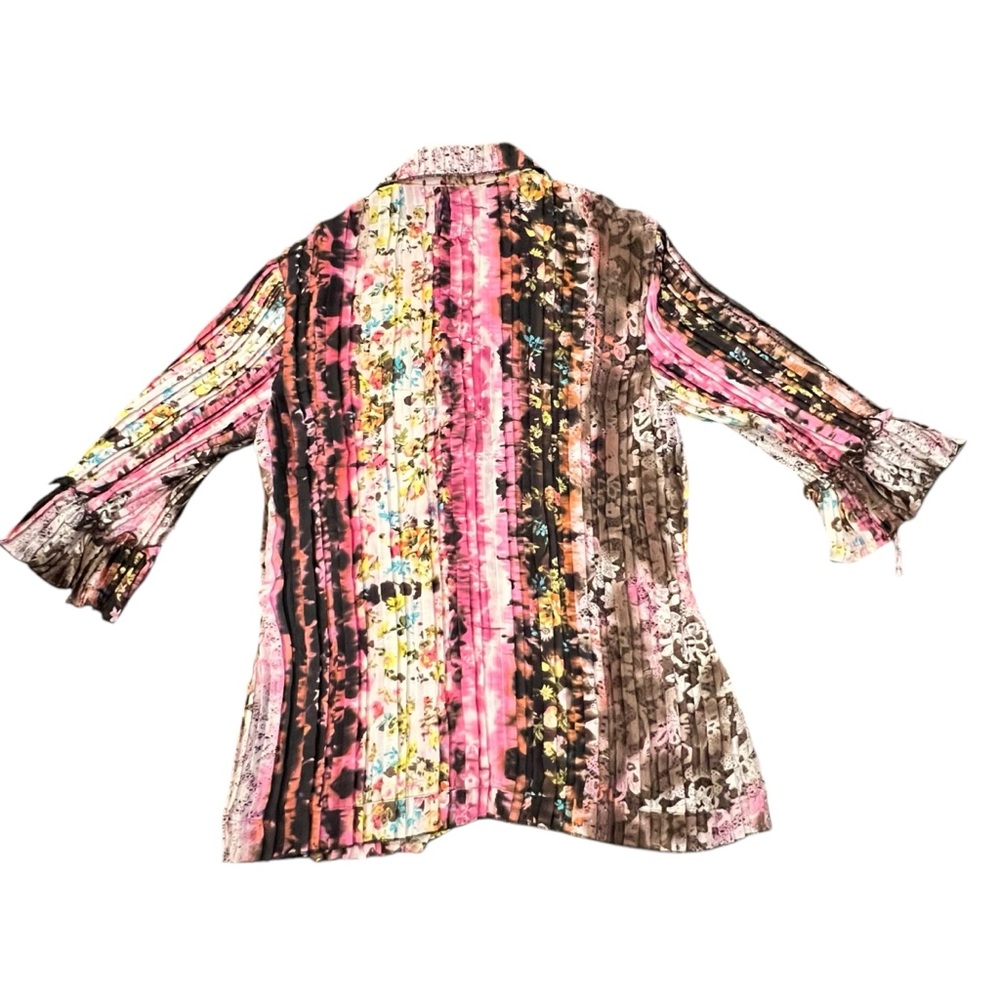 Alberto Makali Vintage Floral Abstract Short Sleeve Top Crinkle Ruffle Designer - Picture 15 of 15